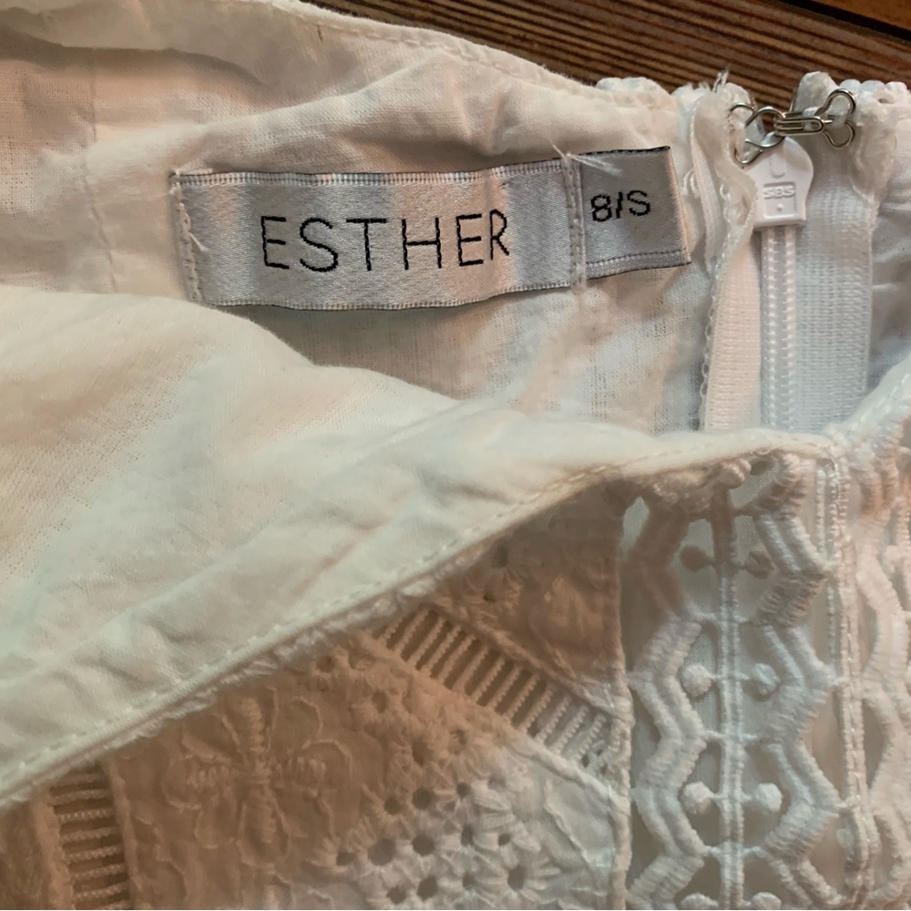 ESTHER White Lace Puff Sleeve Lined Mini Dress Sz S/8 Elegant Eyelet - Picture 8 of 16
